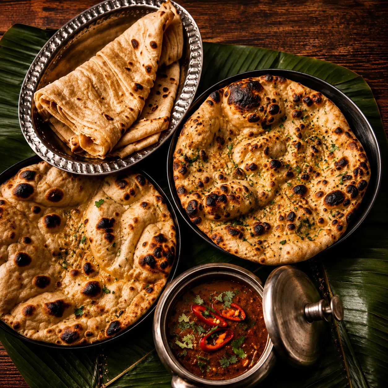 Fresh tandoori naan with North Indian curry at Sweet-Chili Authentic Indian Restaurant Edmonton