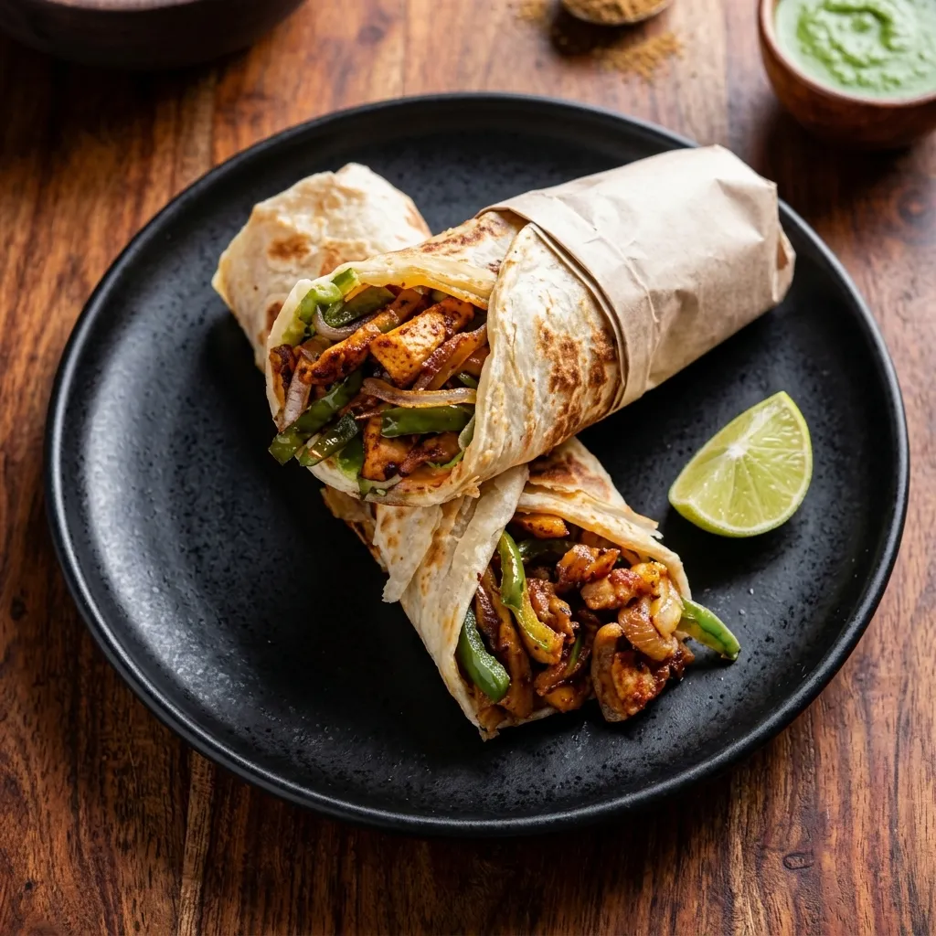 Chicken kathi roll at Sweet-Chili Authentic Indian Restaurant Edmonton - spiced chicken wrapped in soft flatbread with chutney