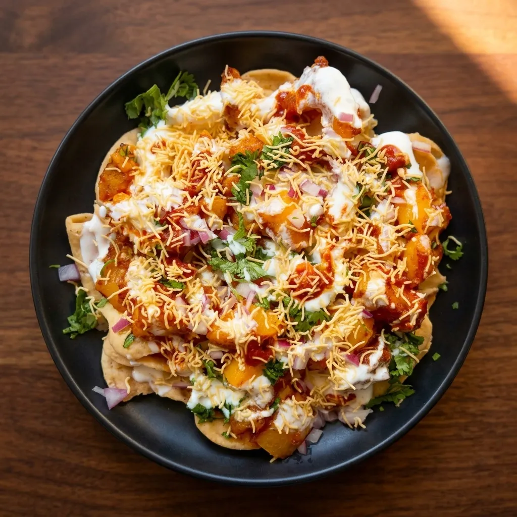 Papri chaat at Sweet-Chili Authentic Indian Restaurant Edmonton - crispy chips with green chutney, vegetables and paneer