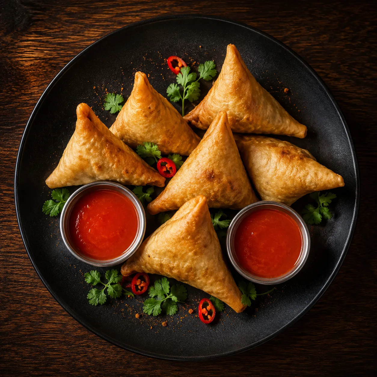 Vegetable samosas at Sweet-Chili Authentic Indian Restaurant Edmonton - crispy samosas with pickled onion, cilantro and chutney