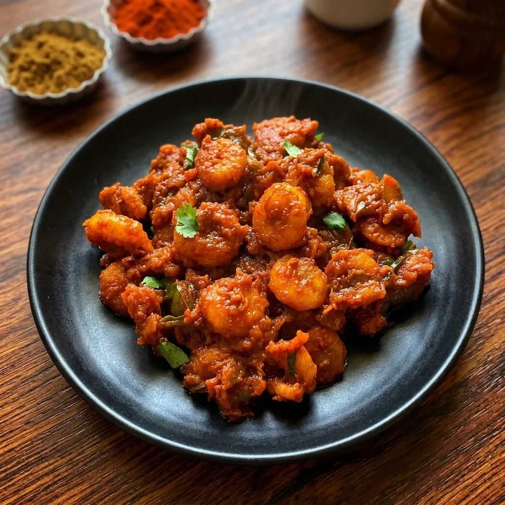 Prawn masala sizzler at Sweet-Chili Authentic Indian Restaurant Edmonton - sizzling prawn masala with seasoned rice and raita